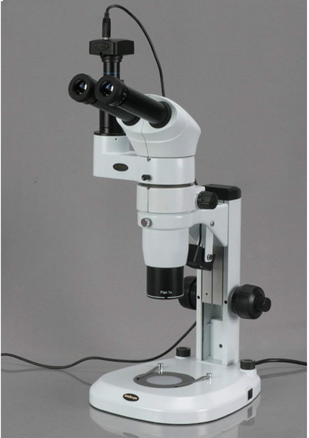 AmScope PM240T-8M Digital Trinocular Common Main Objective Stereo Zoom Microscope, WH10x Eyepieces, 8X-80X Magnification, 0.8X-8X Zoom Objective, Pillar Stand, 100V-240V, Includes 8MP Camera with Reduction Lens and Software