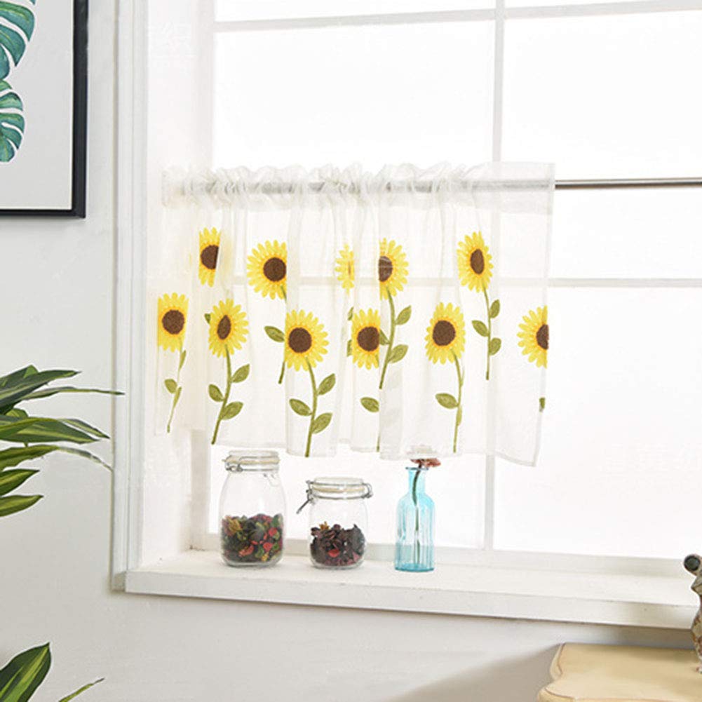 XSlive Sheer Window Curtain Boho Pattern Embroidered Farmhouse Decorative Rod Pocket Tier Curtains for Kitchen Dining Room Cafe,1 Panel (Sunflower,31