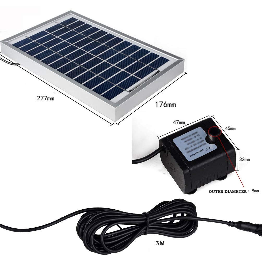 Bomba Agua Panel Energía Solar 5W Solar Bombas para Fuentes, Bomba de Agua Solar Monocristalino Bomba Agua con 8 boquillas Para estanques pequeños, piscinas, acuarios, baños de aves, jardines, 380L/H