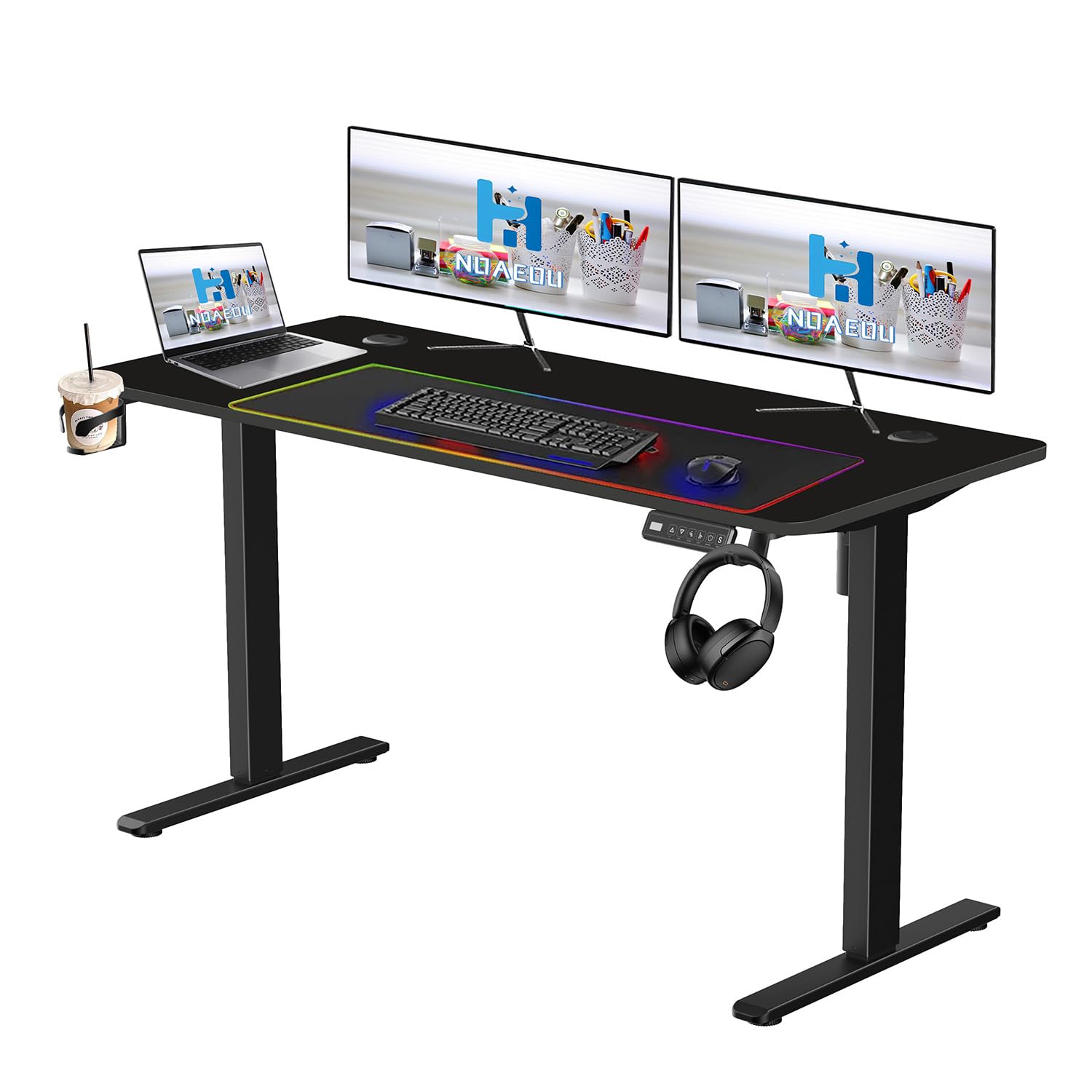 NOAEOU Electric Height Adjustable Standing Desk, 140 x 60 cm Large Sit Stand Up Computer Table Workstations for Home Office