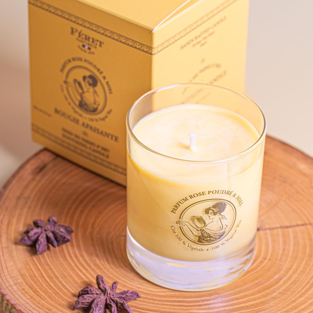 Feret Parfumeur Soothing Scented Candle – Handcrafted Parisian Candle with Powder Rose & Honey, Natural Soy Wax Blend – 40-Hour Slow Burn – Made in France, 6.35oz