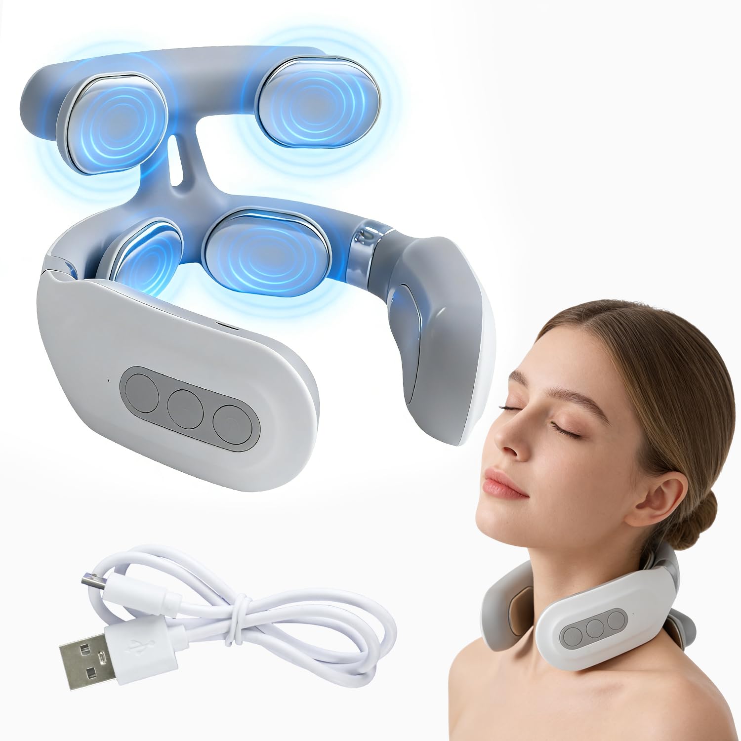 Elektrisches Puls-Nackenmassagegerät mit 42°C Wärmetherapie,4 Kopf Massage 6 Modi, 16 einstellbare Kraftstufen, Tragbar, zur Linderung von Nackenschmerzen für Büro, Zuhause, Reisen