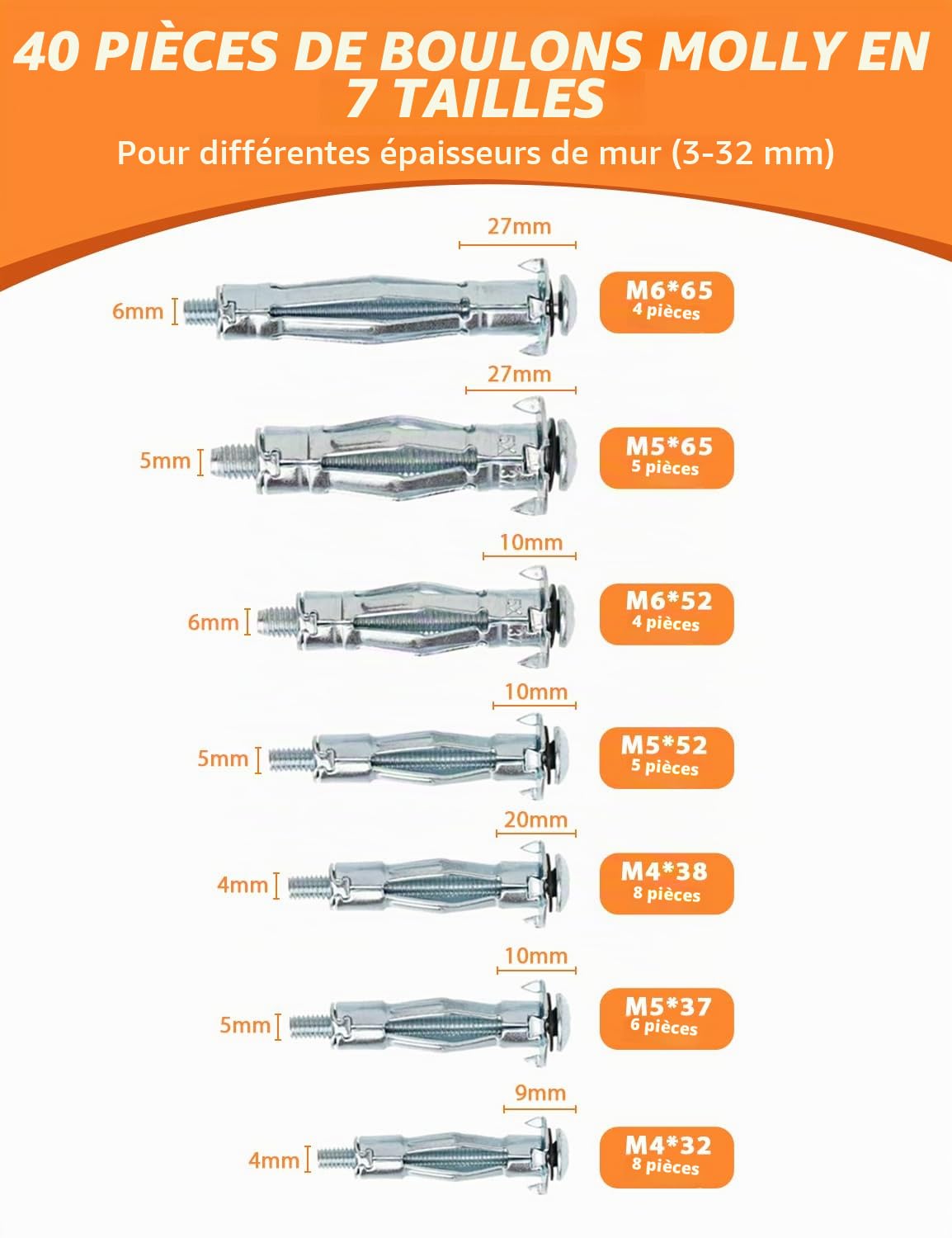 Kit Complet de 40 Pièces : Pince Professionnelle pour Chevilles Molly Métalliques avec Vis, Tailles M4/M5/M6 - pour Placo et Mur Creux