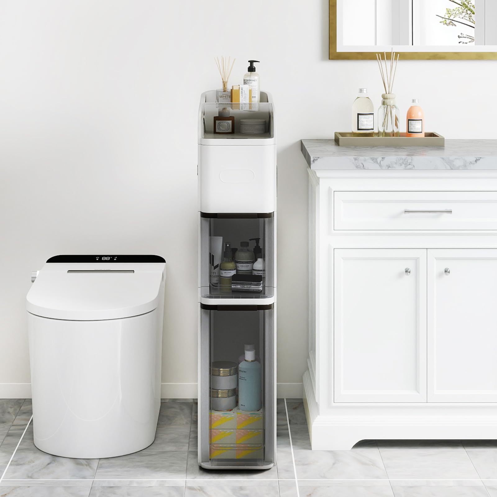 LIFEZEAL Carrellino Bagno Salvaspazio, Stretto, 18x43x88cm, Armadietto, Mobiletto Bagno con Ruote, con 2 Cassetti, Porta Carta Igienica, Piano Portaoggetti, Moderno, Cassettiera in Plastica (bianco)