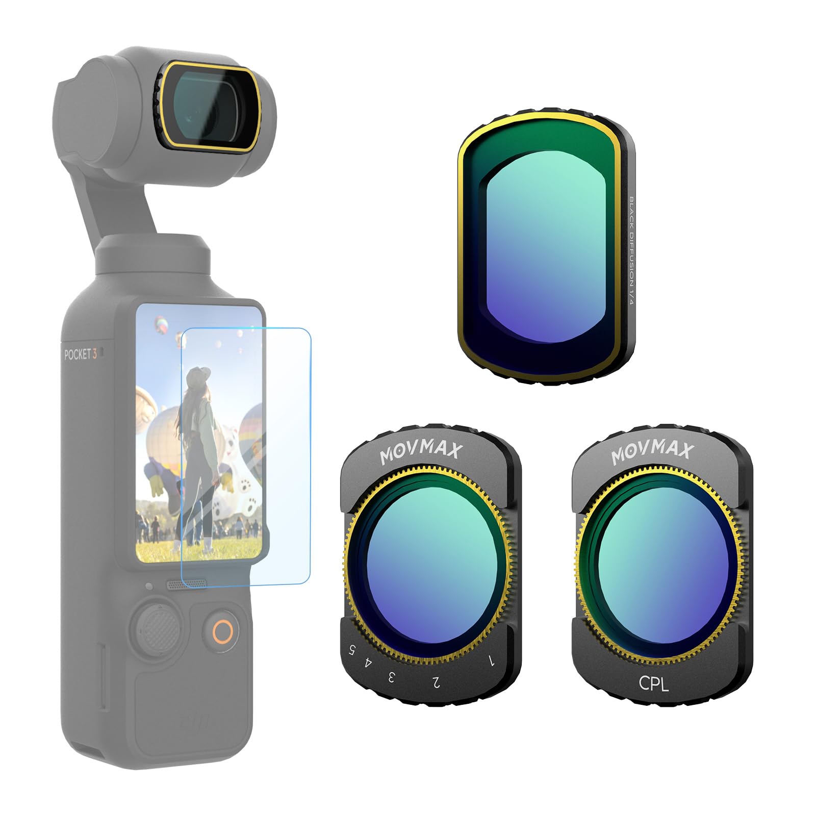 MOVMAX Magnetic Black Mist & ND & CPL Filter Set Compatible with DJI Osmo Pocket 3 Creator Combo Accessories - 3 Pack (Black Diffusion 1/4 Filter,