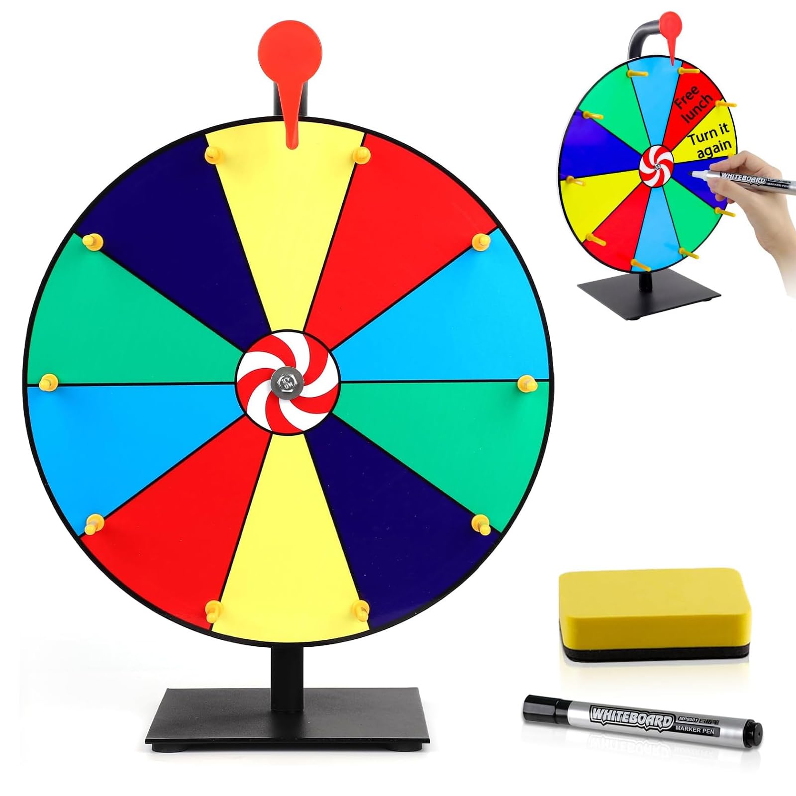 Roue de la fortune à tourner - 10 emplacements - Avec marqueur effaçable à sec et gomme - Roulette de bonheur - Avec support - Pour carnaval, foires