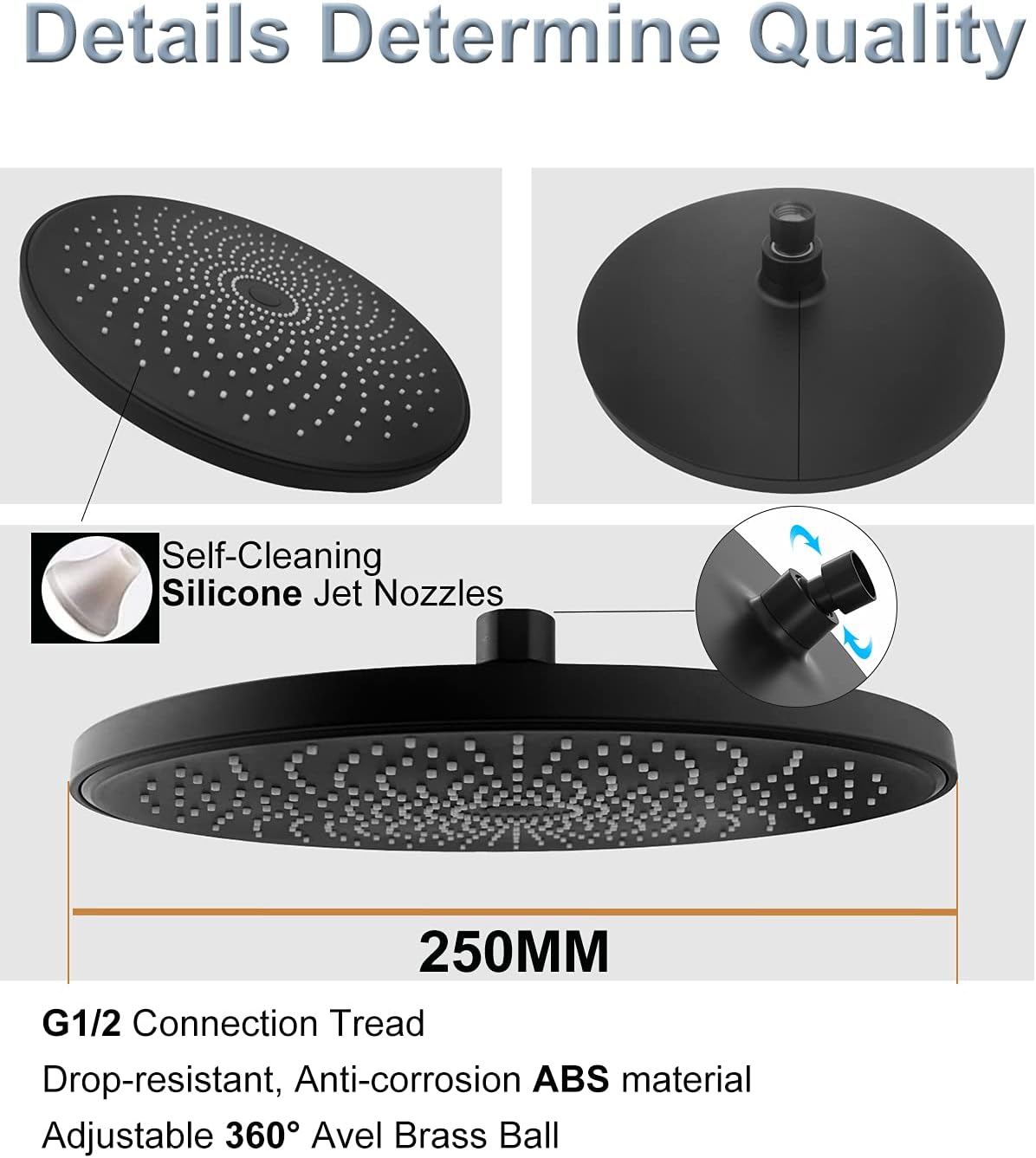 High Pressure Shower Head, 10-inch Rain Fixed Shower Head Starry Sky with 360° Rotation Ball Joint Adjustable Angles, 369 Anti-Clogging Spout Hole for Home Bathroom Use - Matte Black - - 