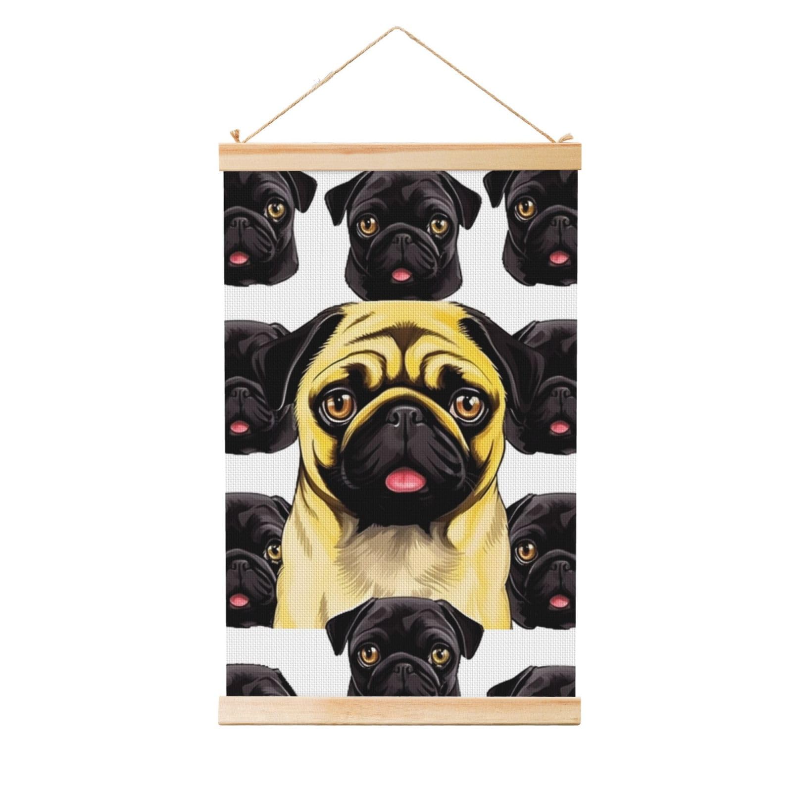 Black Yellow Pug Posters Wooden Shaft Hanging Poster Canvas Prints Scroll Wall Art Painting Vintage Wall Banner Modern Artwork Decor for Home Decor Ready to Hang 12"x18"