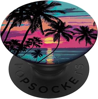 Palm Tree Ocean Sea Tropical Sunset Blue Pink Orange PopSockets Standard PopGrip
