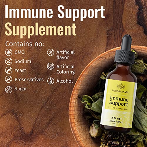 Herbamama Immune Support Liquid Extract - Organic Tincture With Elderberry, Echinacea, Ginger & Goldenseal Root - Herbal Drops For Immunity - Vegan Supplement, No Sugar Or Alcohol - 2 Fl. Oz #TOP4