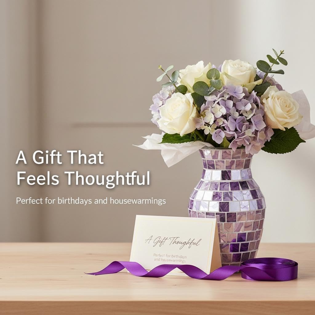 Purple Mosaic Glass Vase for Flowers, 8 Inch Decorative Flower Vase for Home Decor, Purple Vase with Marbled Lavender Tiles, Centerpiece for Living Room Bedroom Kitchen Office Bookshelf