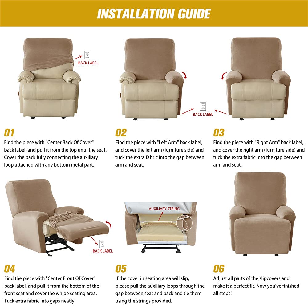 Highdi Housse de Fauteuil Relax Doux Velours Extensible, 4 Pièce Housse de Canapé Antidérapante avec Poche Latérale, Protege de Meubles Lavable pour 1 Places Fauteuil Inclinable (Beige)