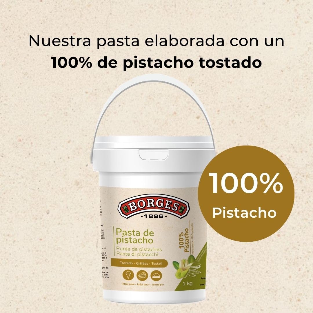 Borges Professional - Pasta de Pistacho 100% 1kg Pistacho Tostado Puro, Sin Azúcares Añadidos para Repostería, Heladería y Uso Cotidiano en Casa