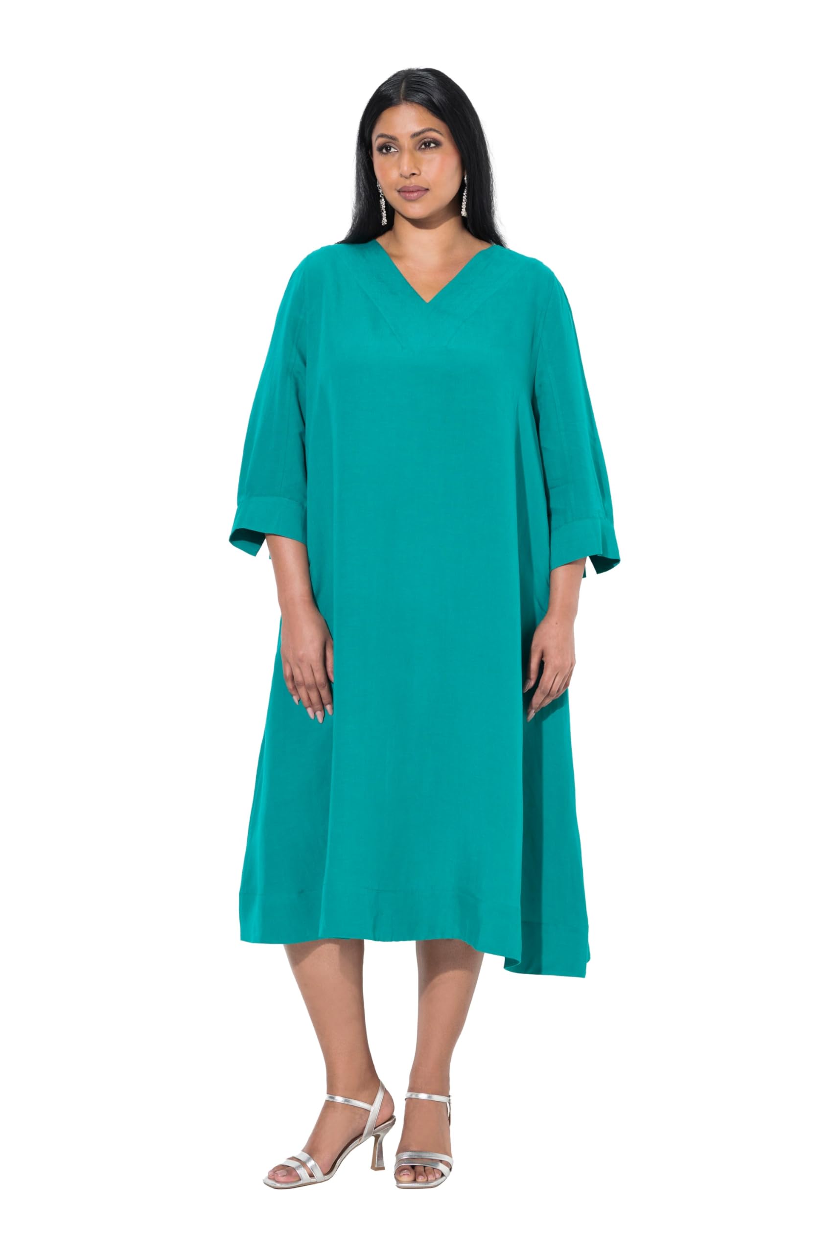 Ulla Popken Damen große Größen Übergrößen Plus Size Leinenmix-Midikleid, A-Linie, V-Ausschnitt, 3/4-Arm 838110