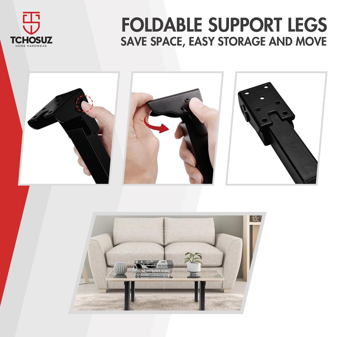 Confezione da 4 gambe pieghevoli regolabili in metallo da 25 cm, con protezioni per pavimenti in gomma e viti, perfette per tavoli, divani, armadi, comodini fai da te, finitura nera durevole