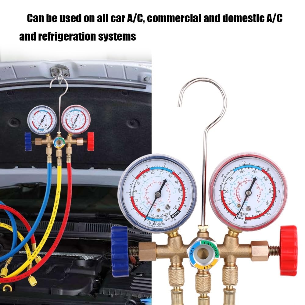 Manometro Pressione Acqua Strumento di calibro del collettore refrigerante set strumento di condizionamento aria con tubo e gancio per R12 R22 R404A R134A Strumento di refrigerazione di aria condizion