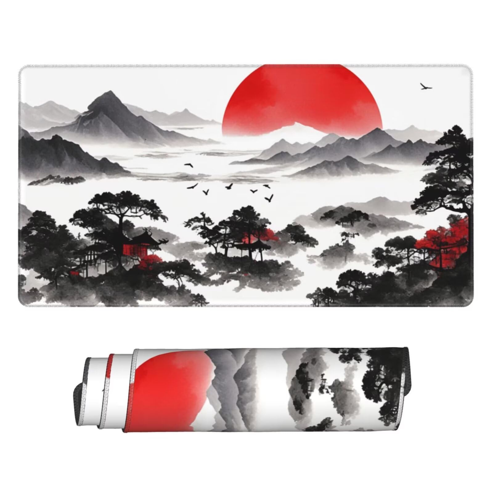 Gaming Mauspad XXL 900x600x3mm Mousepad Verlängertes Groß Mauspad Schreibtischauflage,Genähte Kanten rutschfeste Gummibasis,Verbessert Präzision Geschwindigkeit Home Office Chinesische Malerei L-3134