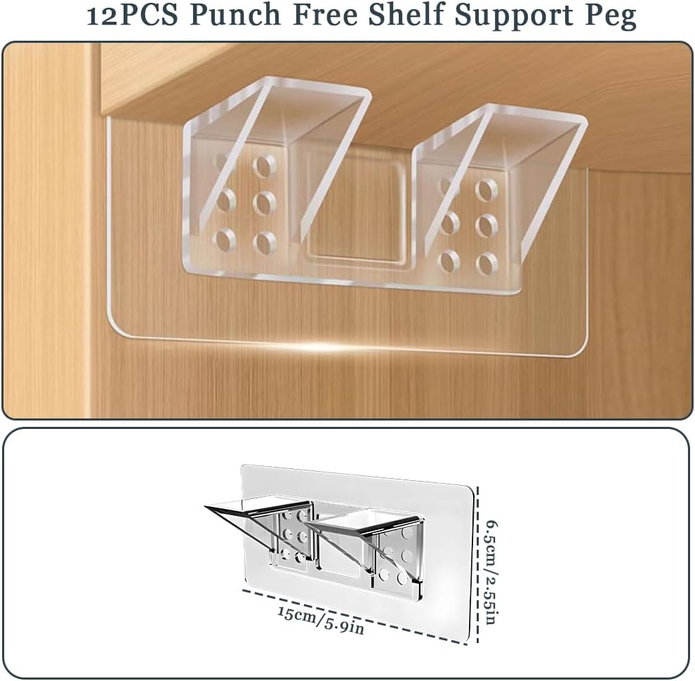 12 Pcs Punch Free Shelf Support Peg，Self Adhesive Support Shelf Bracket，Strong Load Bearing for Shelves Kitchen Cabinet Book Closet