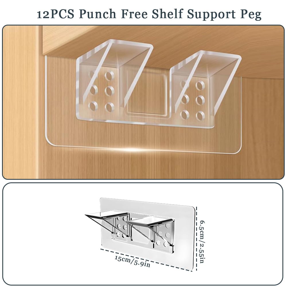 12 Pcs Punch Free Shelf Support Peg，Self Adhesive Support Shelf Bracket，Strong Load Bearing for Shelves Kitchen Cabinet Book Closet — Amazon image 2