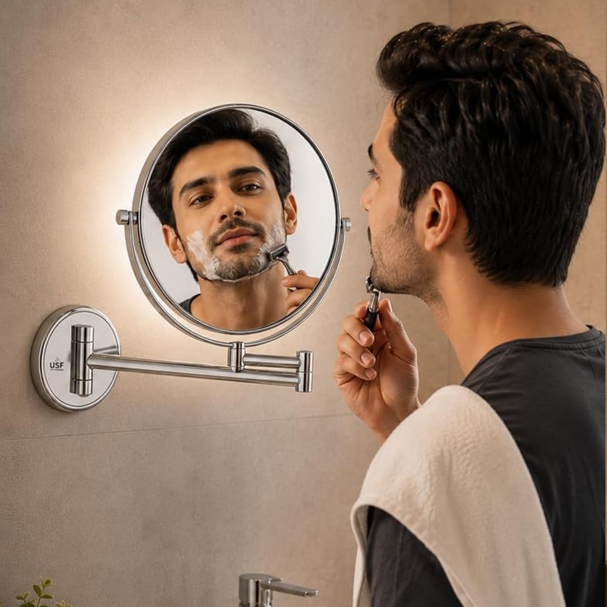 U-S-F BATH ACCESSORIES USF Makeup Mirror | Shaving Mirror | Bathroom Mirror with 5X Magnifying Mirror & Wall Bracket with Adjustable Frame (Silver)(Round) Framed-image-38