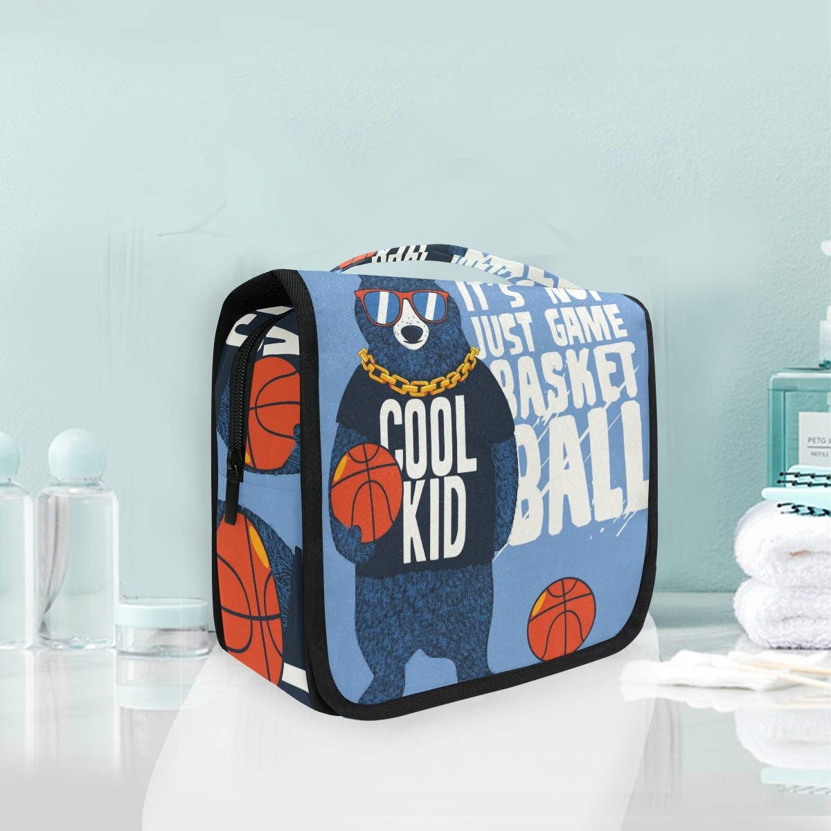 LDIYEU Oso Fresco Baloncesto Niño Bolsas de Aseo Neceser de Maquillaje Colgante Plegable Cosmético Bolso de Artículos de Tocado para Mujeres Niñas