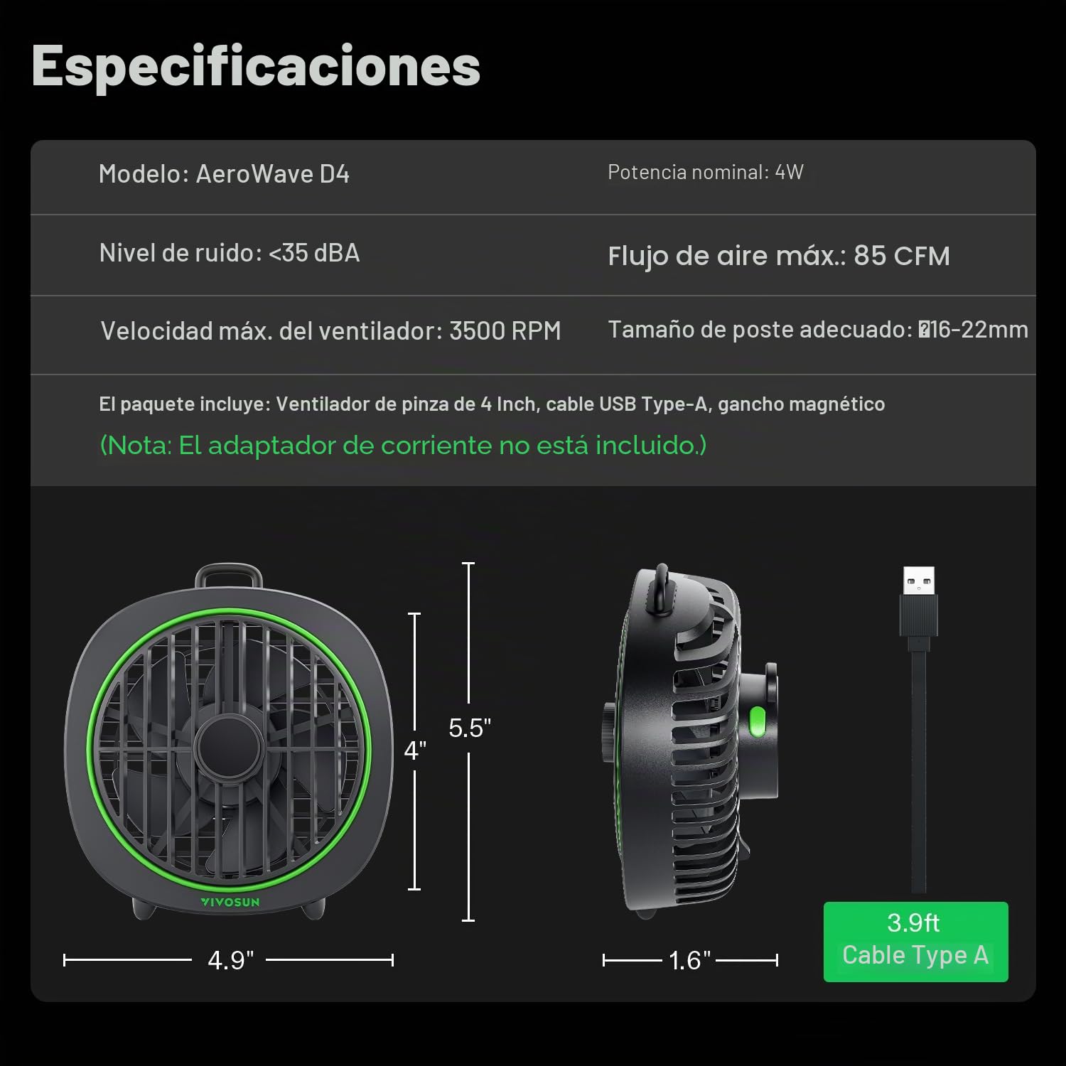VIVOSUN AeroWave D4 Ventilador Grow de Pinza 10 cm con Gancho, 3 Velocidades, Flujo de Aire Potente y Silencioso, Ángulo Ajustable para Hidroponía y Refrigeración, Pack de 1
