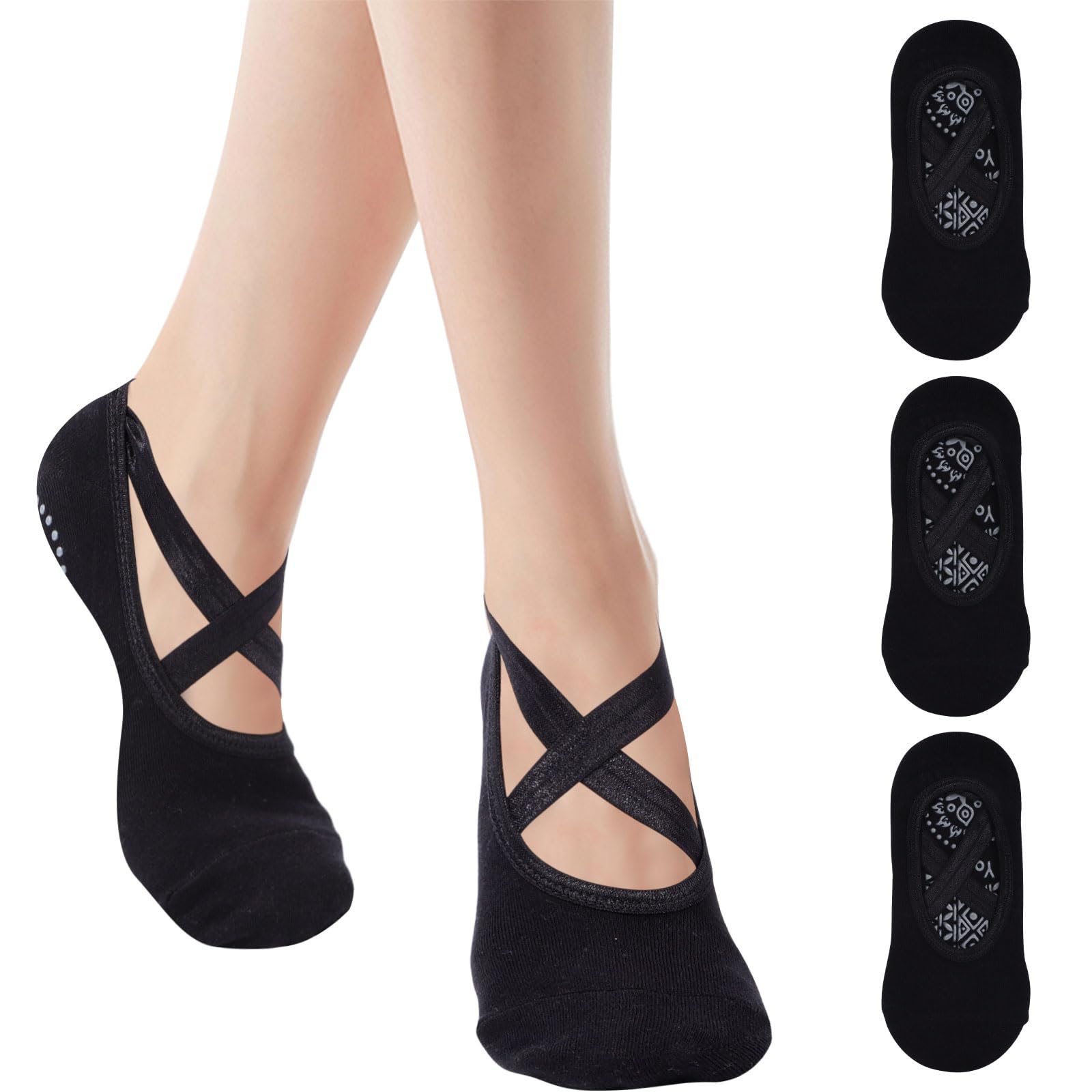 Risipu Women's 3 Pairs - Black Grip Pilates Socks For ,Non-Slip Yoga Athletic Socks For Barre Ballet Barefoot Workout Hospital (Uk, Alpha, One Size, Regular, Regular, )