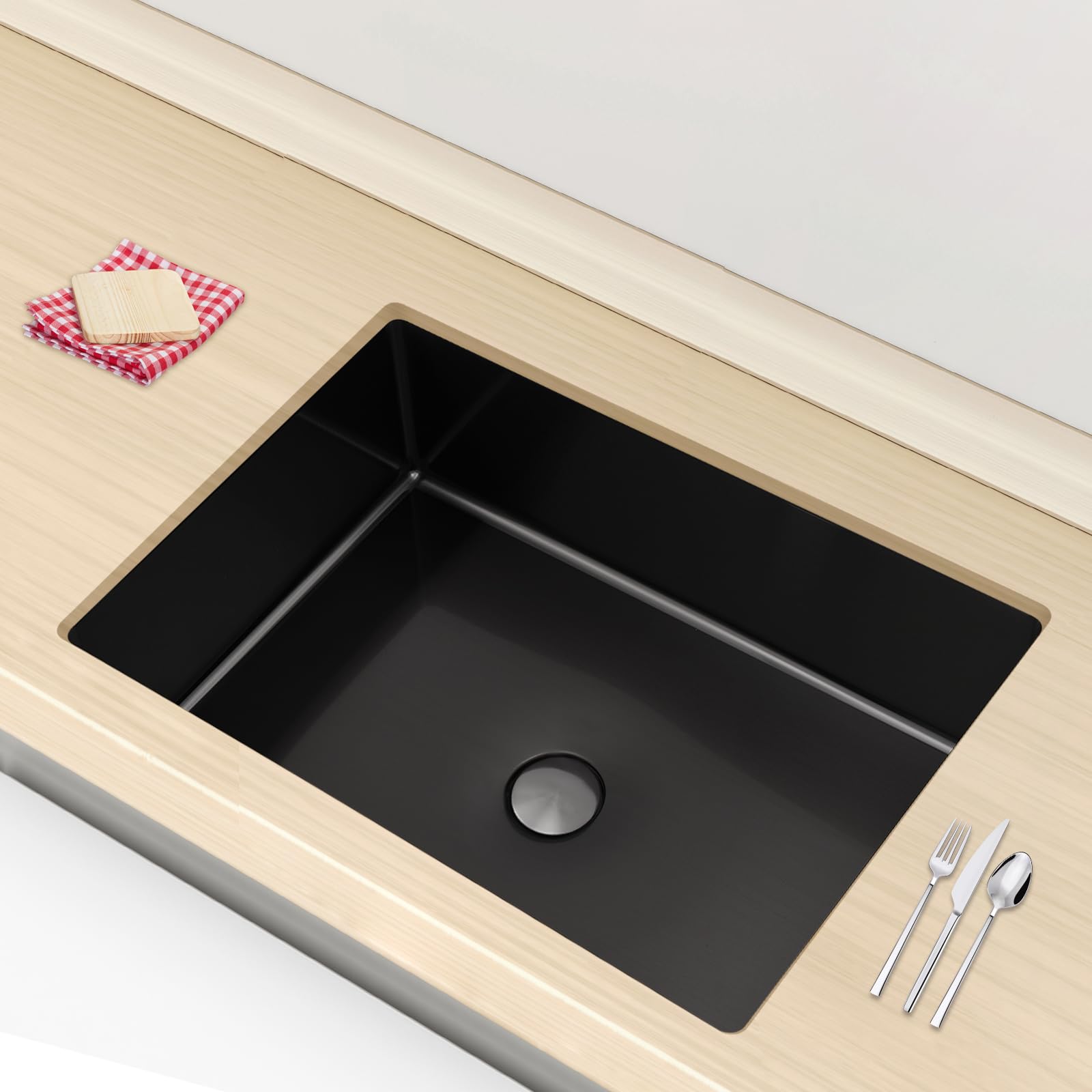 FXEIPOL Black Bathroom Sink Undermount Bathroom Sinks 21.65 x 14.96 x 5.31In Stainless Steel Rectangular Sink with Pop-Up Drainer for Washrooms, Hotels, Restaurants