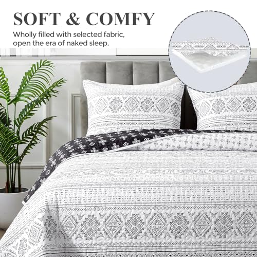 Image of Andency Black White King Size Quilt Set, 3 Pieces Boho Lightweight Soft Striped Bedspread for All Season (106 inchx96 inch), Printed Bohemian Polyester Reversible Coverlet Comforter Sets