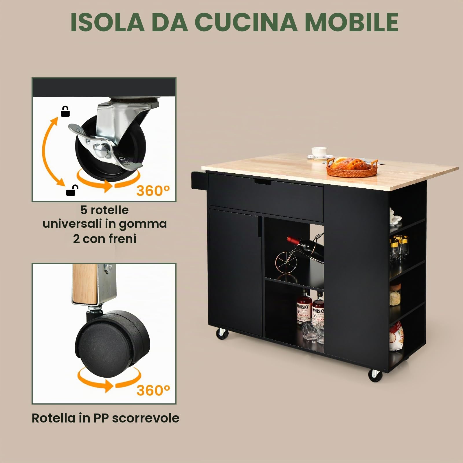 KOMFOTTEU Carrello da Cucina a Isola in Legno, Carrello di Servizio con Piano di Lavoro Estraibile, Mobile da Cucina con Cassetto, Ripiano Regolabile, Carrello da Cucina a Isola (Nero)