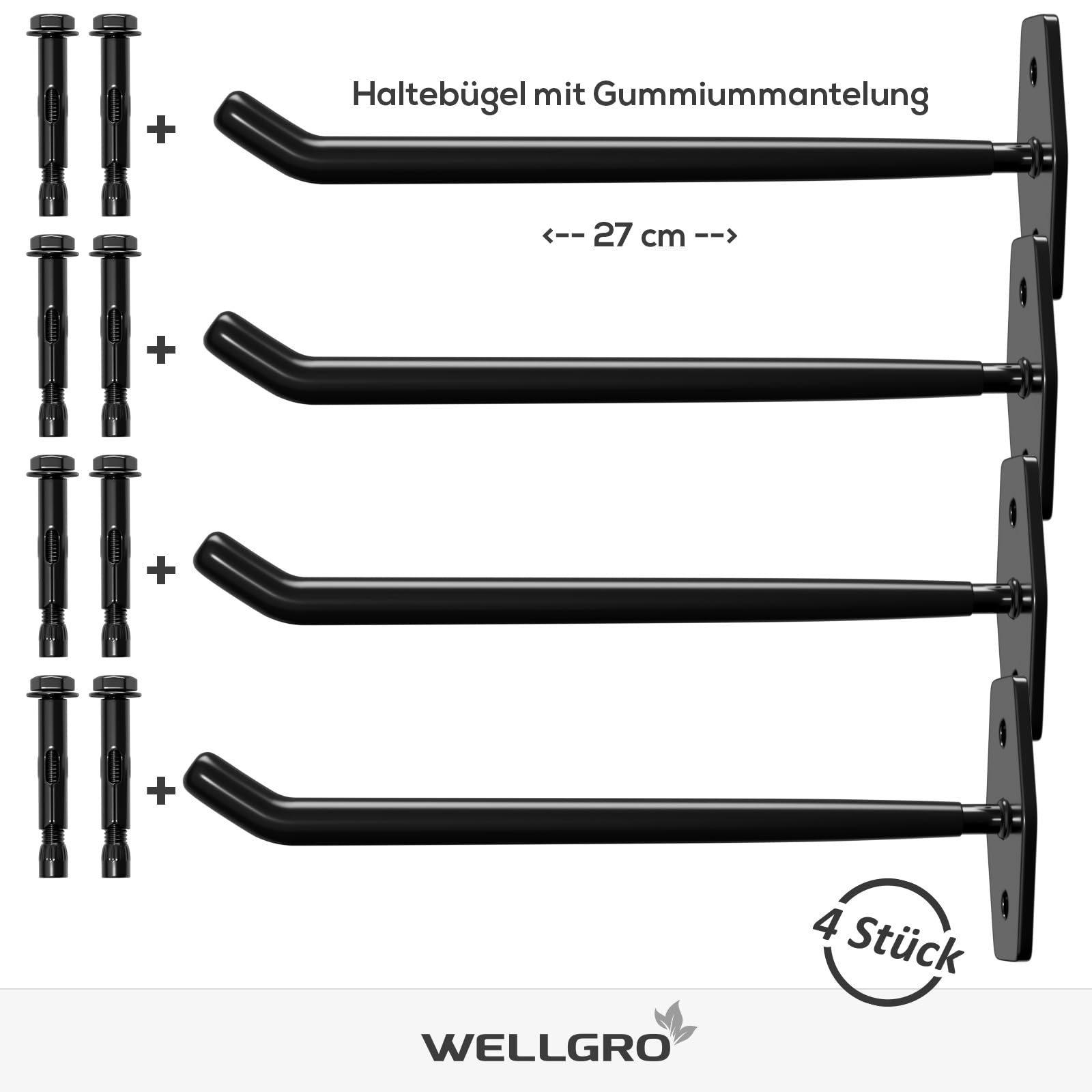 WELLGRO Supports muraux pour pneus - avec vis et Chevilles en métal - Arceau de Fixation avec revêtement en Caoutchouc - Support de Jante - Support Mural - Orange- 27 x 9 x 5 cm-Lot de 4