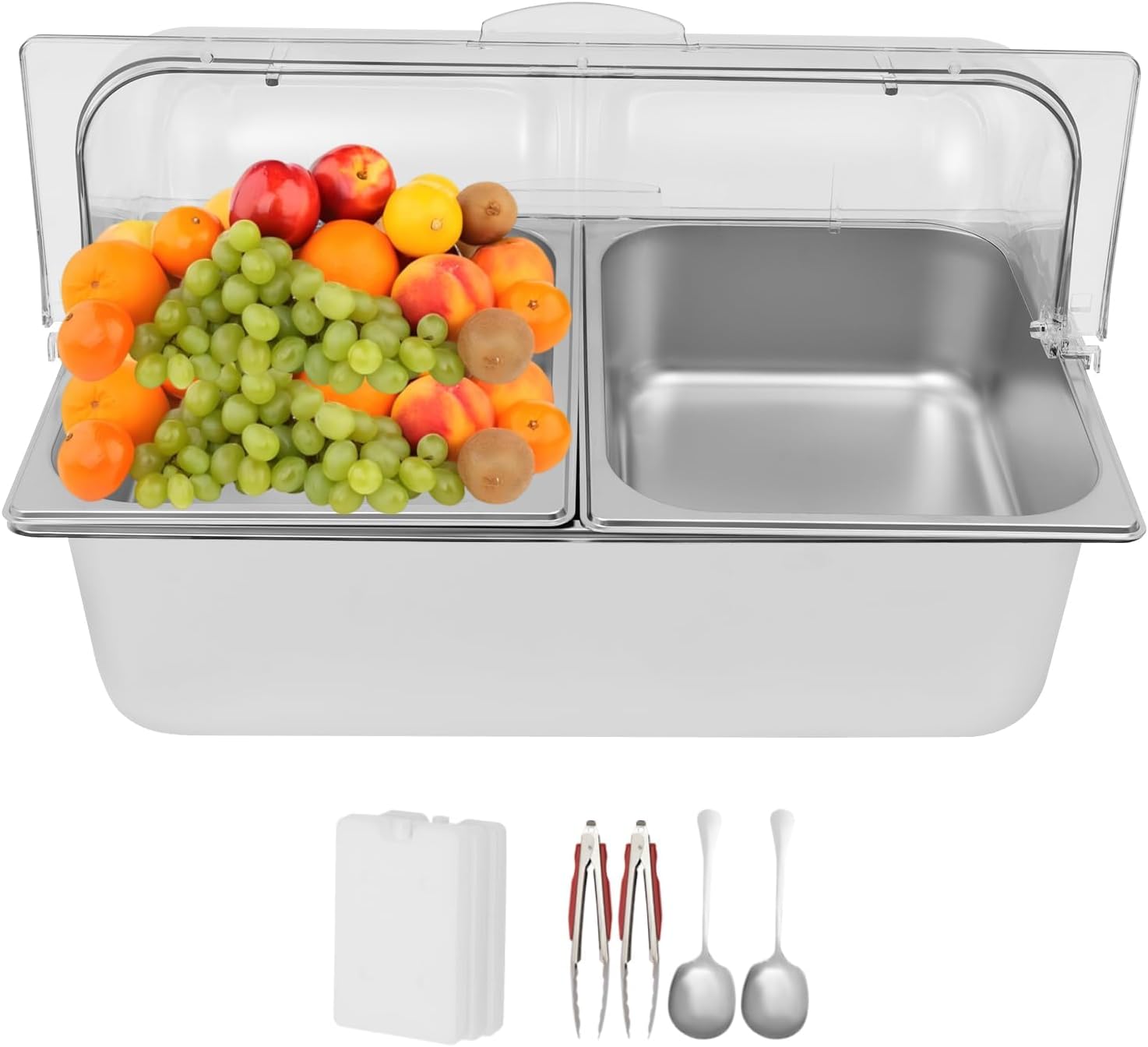 Countertop Food Serving Display Container, 2 Pan Stainless Steel Food Serving Tray Food Storage Container, Buffet Condiment Dispenser Display Rack with Spoons & Clamps & Water Bags