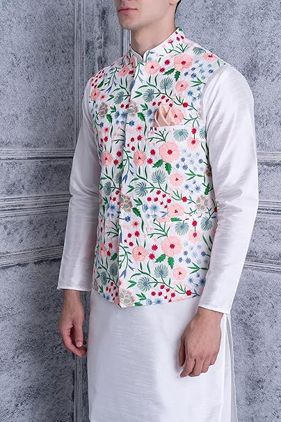 Image of Uri and MacKenzie Men's Silk Blend Kurta Pyjama with Stylish Embroidered Ethnic Jacket