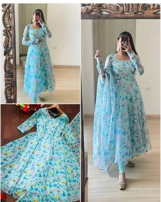 Image of DIGAMBARA Digital Floral Printed Georgette Anarkali Gown for Women, Ethnic Wear, Fit and Flare Dresses with Dupatta for Womens and Girls, Sky Blue
