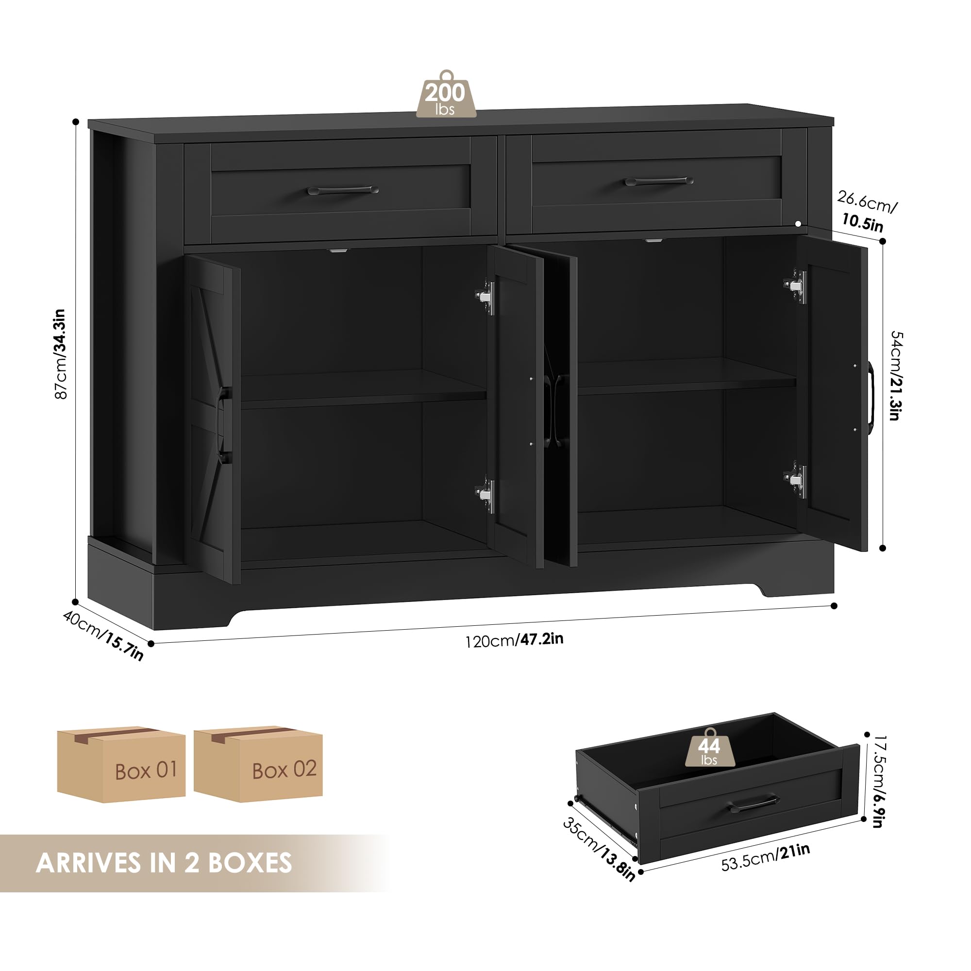 HOCSOK Sideboard Küchenbuffet mit Arbeitsplatten, küchenschrank 2 Schubladen und 4 Türen für Küche,Wohnzimmer, Flur und Esszimmer