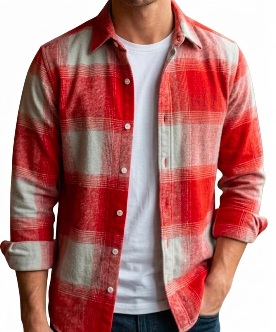 Red Checks/Men's Boxy Fit Plaid Flannel Shirt Red and White-picture-30