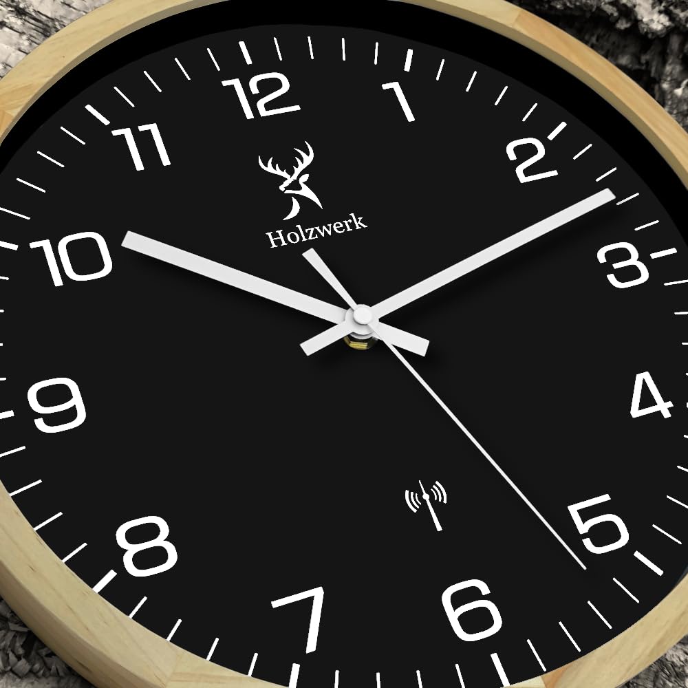 Holzwerk HILDBURG Funk Natur Holz Funkwanduhr Wanduhr Holz-Uhr Vintage Funkuhr lautloses Uhrwerk ohne Tickgeräusche Buche Braun Schwarz Weiß lautlos aus handgefertigtem Massivholz 30 cm