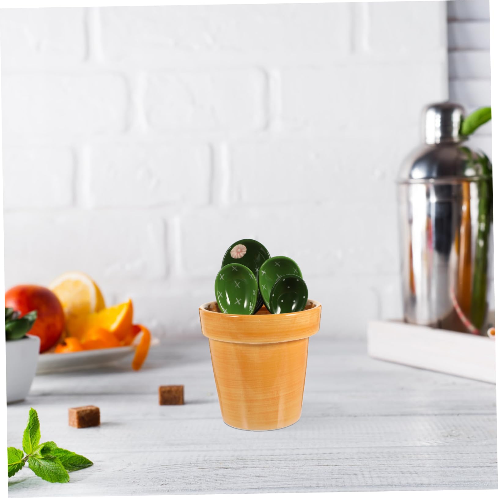 SHOWERORO Cucharas Medidoras Cerámica Cactus 5 Piezas Base Soporte Ergonómicas Para Ingredientes Secos y Líquidos Cocina Hogar Accesorio De Medición Creativo