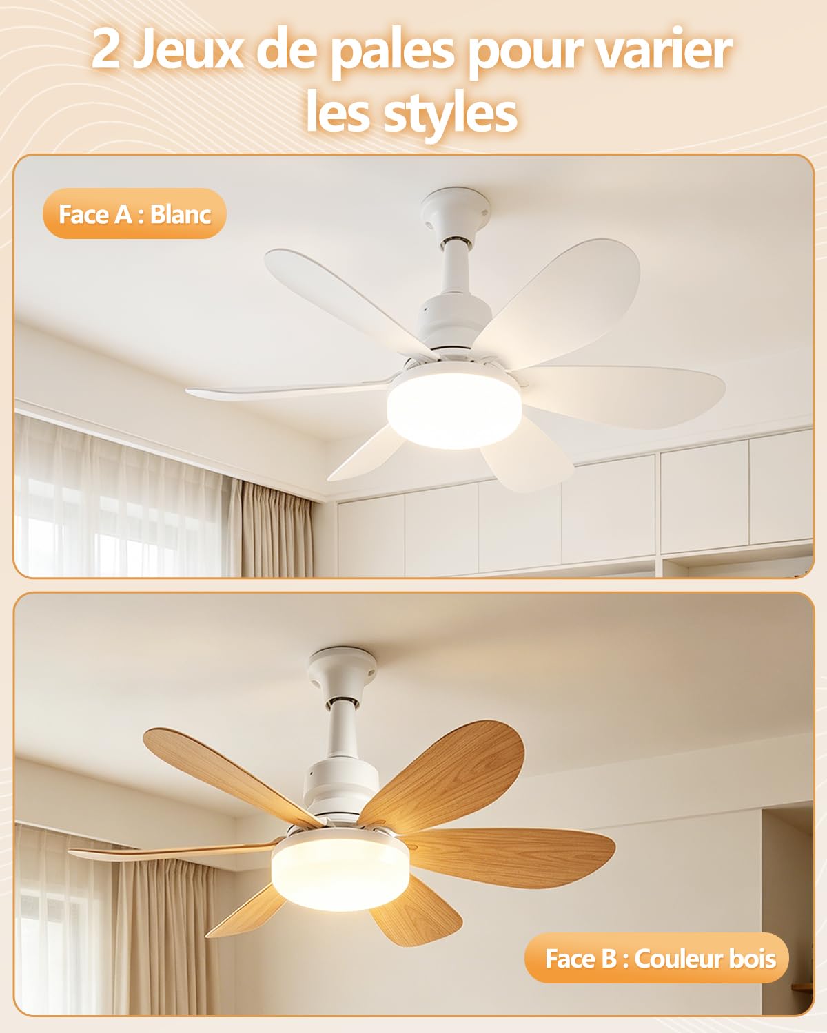 Ventilateur de Plafond avec Lumière, 52CM 40W Petit Ventilateur, avec 2 Jeux de Pales, Douille E27, Silencieux, 3 Vitesses, Telecommande, Zeitgesteuert, Dimmable LED pour Salon Chambre