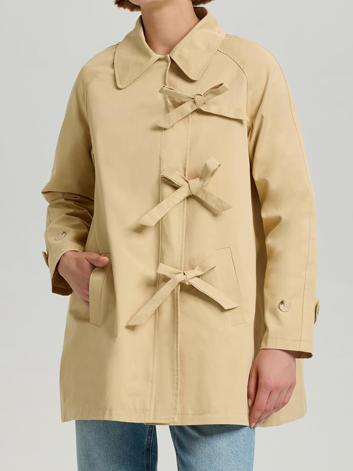 HOULENGS Women's Long Sleeve Bow Toggle Trench Coat Casual Button Down Trench Jacket Fall Fashion Lapel Overcoat with Pocket - Image 4