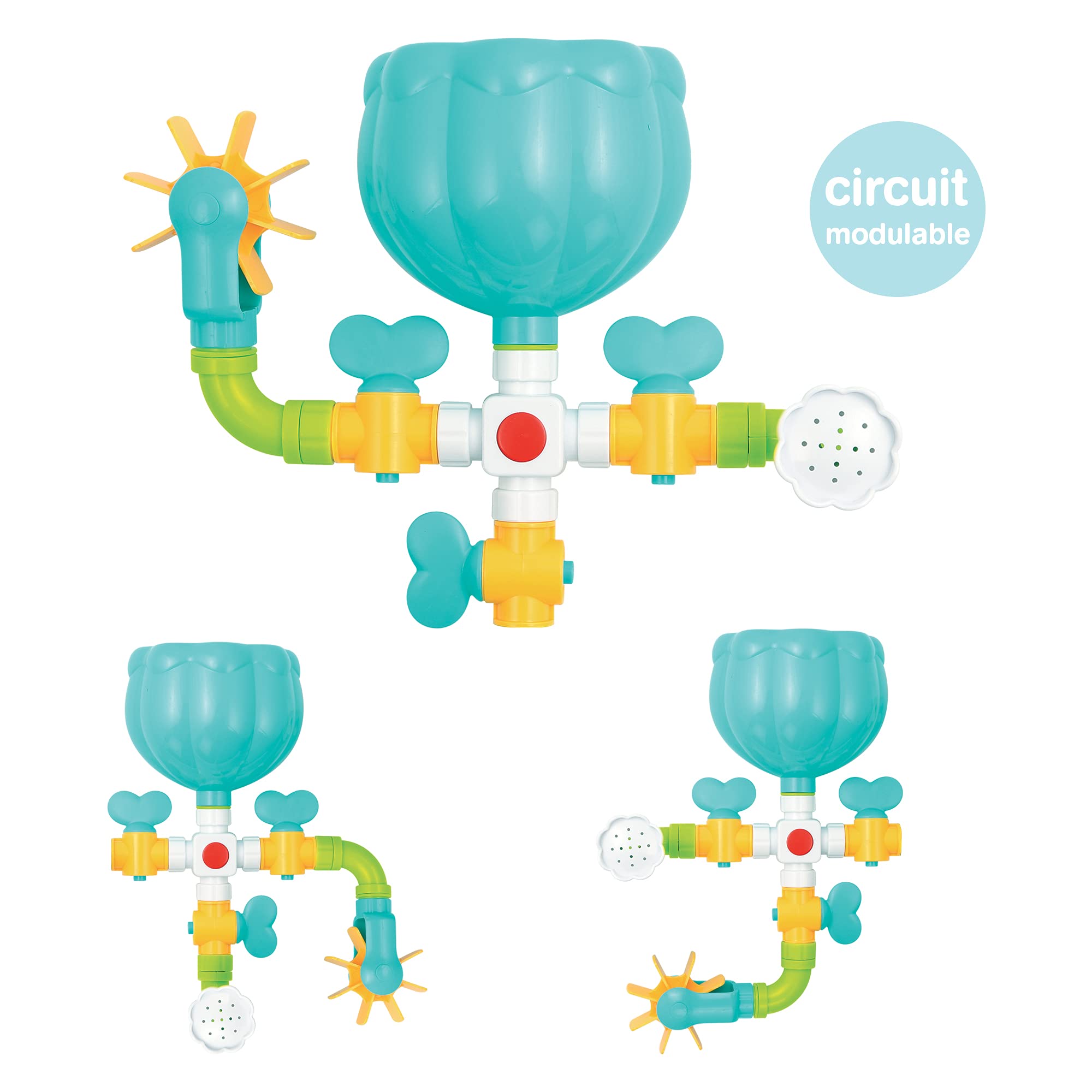 LUDI - Coffret de Bain Dino - 1 Circuit d’Eau à Construire, 1 Grand Dinosaure, 1 Bébé Dino Aspergeur - Jouet de Bain pour Bébé à Ventouser - Modulable, Evolutif et Éducatif - À Partir de 18 Mois