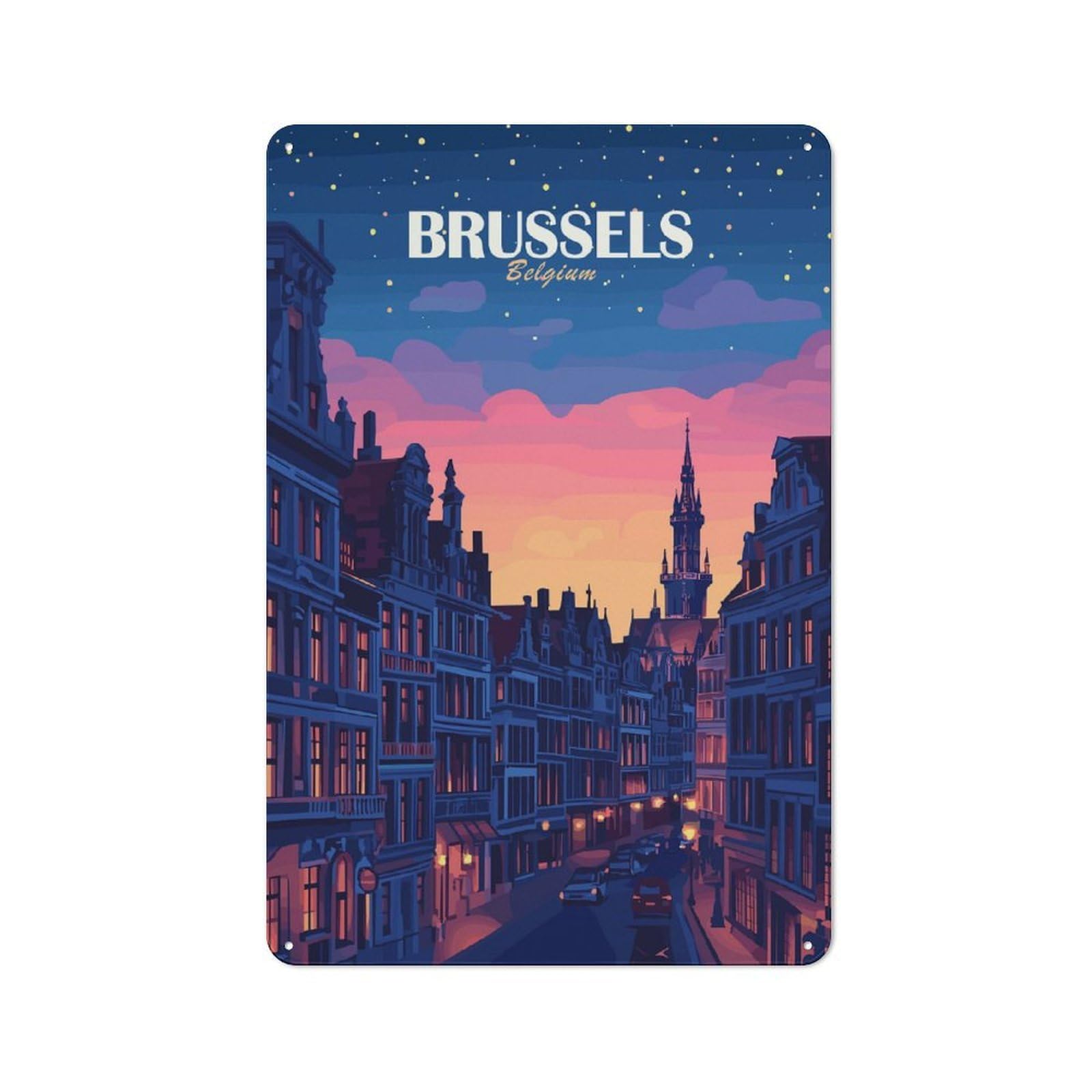 Junmoney Brussels Belgium Cityscape At Dusk Vintage Vintage Metal Sign 30X20cm Featuring Room Wall Plaque For Flat, Dorm Room, Lounge Or Cafe