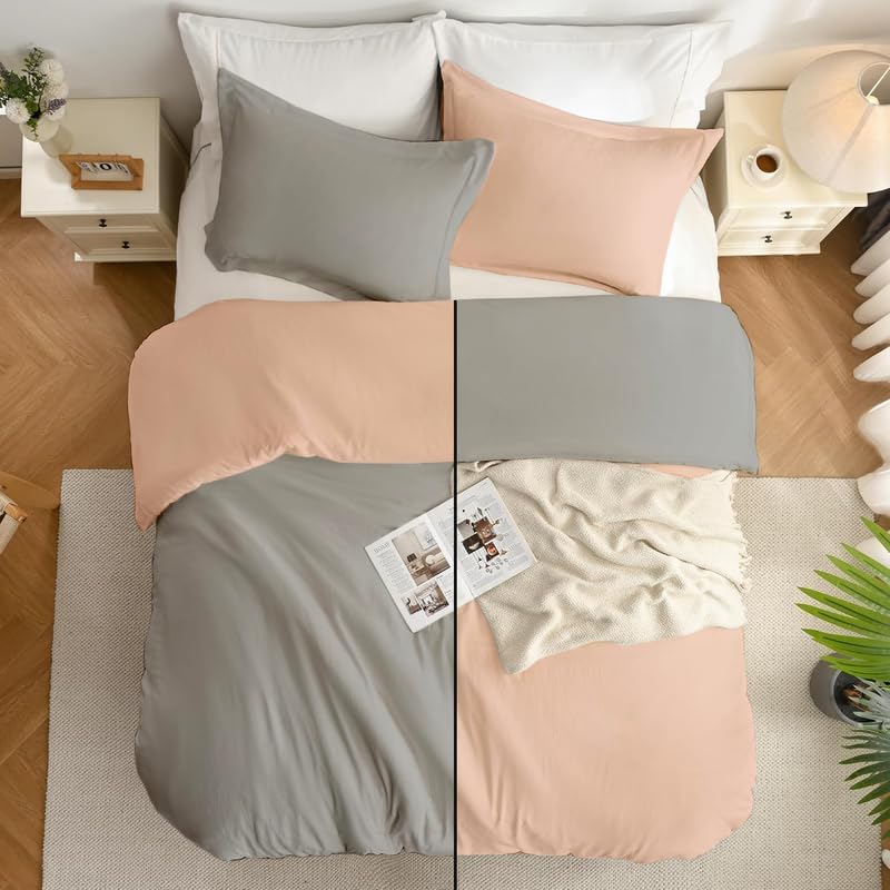 Microfiber Reversible 3 Piece Duvet Cover Set Size (92X106 Inches) and 2 Pillow Cover (18X28 Inches) - King Bed Size- Silver Grey/Peach