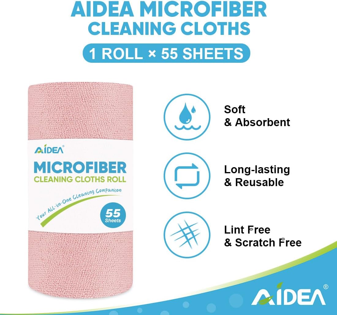 AIDEA Microfiber Cleaning Cloth Roll 165 Sheets(3 Roll), Tear Away Microfiber Towels, Reusable Paper Towels, Washable Shop Rags, Scratch Free, Absorbent Dish Rags for Car, Home, Shop, 11" x 9"