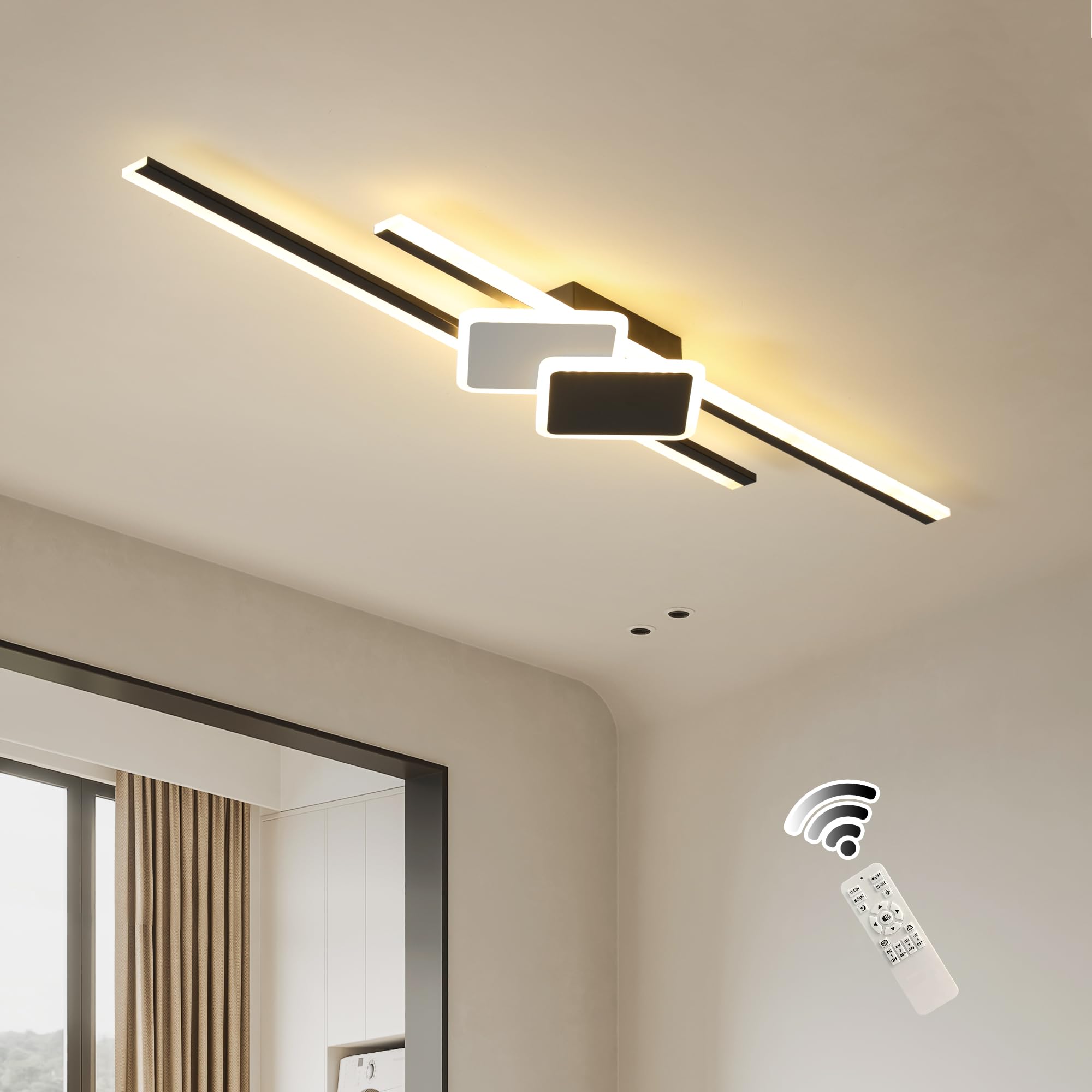 Oninio 100cm Modern LED Ceiling Light Black 45W Linear Minimalist Ceiling Lamp with Remote Dimmable Flush Mount Wall Sconce for Living Room, Bedroom, Hallway