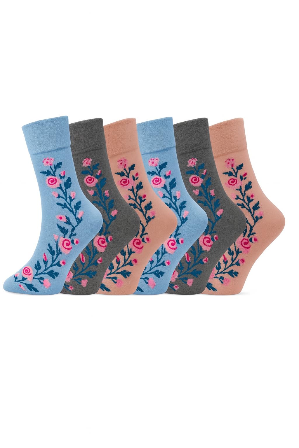 Arg Women's Floral 6 Pairs Non Elastic Diabetic Socks Easy Grip Loose Soft Top Cotton Sock For Swollen Feed Odema Friendly Uk 4-8 (Cotton, )