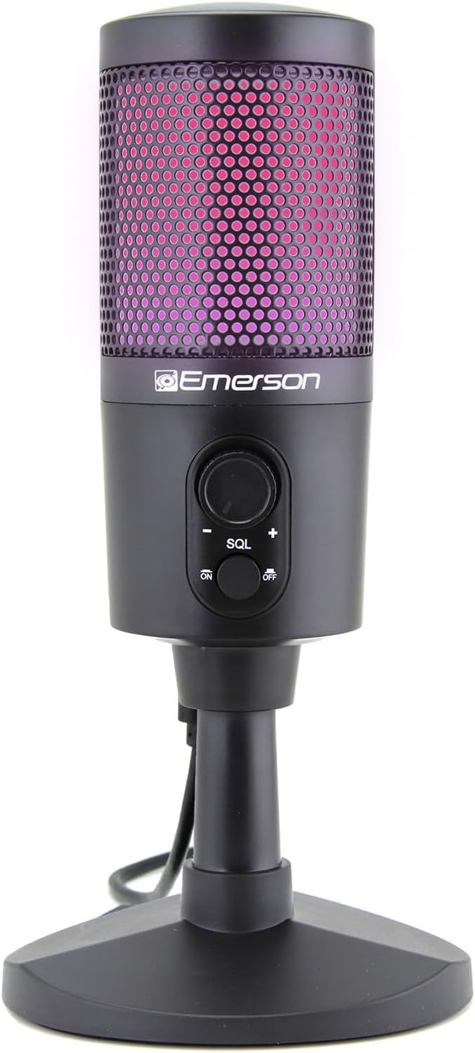 Emerson EAM-9050 USB Gaming & Streaming Microphone with RGB Lighting, Cardioid Pickup Pattern, Plug-and-Play Setup, and Noise Reduction – Perfect for Gamers, Streamers, and Content Creators