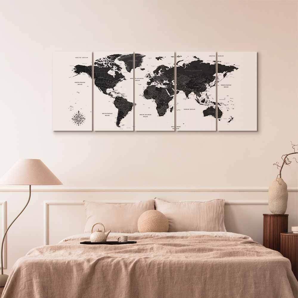 decomonkey Leinwandbild Weltkarte, 225x90 cm, 5-teilig, schwarz-weiß, Büro | Strukturierte Leinwand, Holzkeilrahmen, aufhängefertig (Nagel & Haken inkl.), Weltkarten-Motiv, hergestellt in der EU