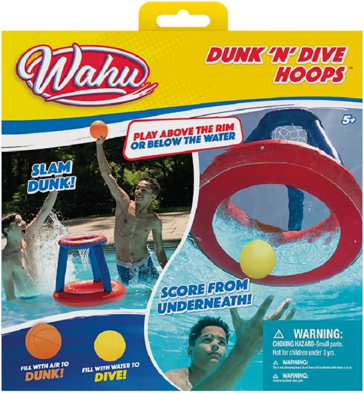 Wahu Dunk 'N' Dive Hoops Swimming Pool Basketball Game Set with Portable Hoop and 2 Basketballs, Inflatable Water Basketball Hoop Set, Multicolor