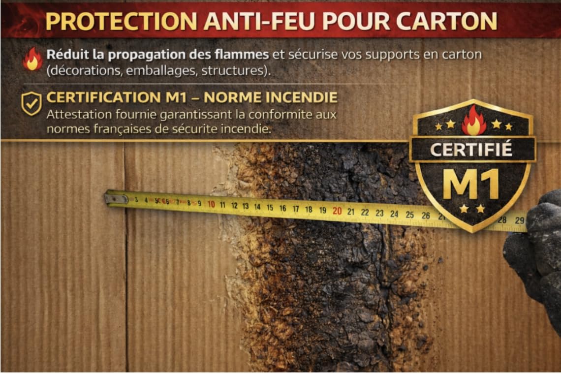 Bidon Ignifuge Anti-feu Carton M1 – Attestation M1 fournie - Pulvérisateur fourni et prêt à l’Emploi – 5 L = 22,5 m² de Carton ignifugé - Fabrication française.